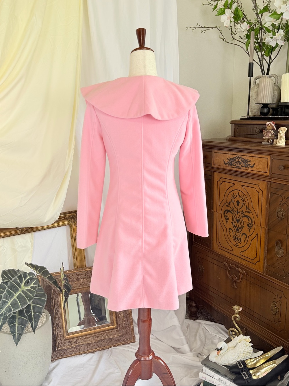 Elegant Pink Ruffle-Trim Coat Dress Pastel Barbie Preppy  XS Baby Pink - Picture 3 of 5